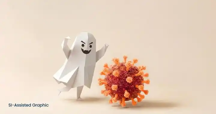 SI-generated conceptual illustration depicting a white origami ghost confronting an orange, spiky virus particle. Ghost raises arms with an angry expression beside prominent spherical virus.